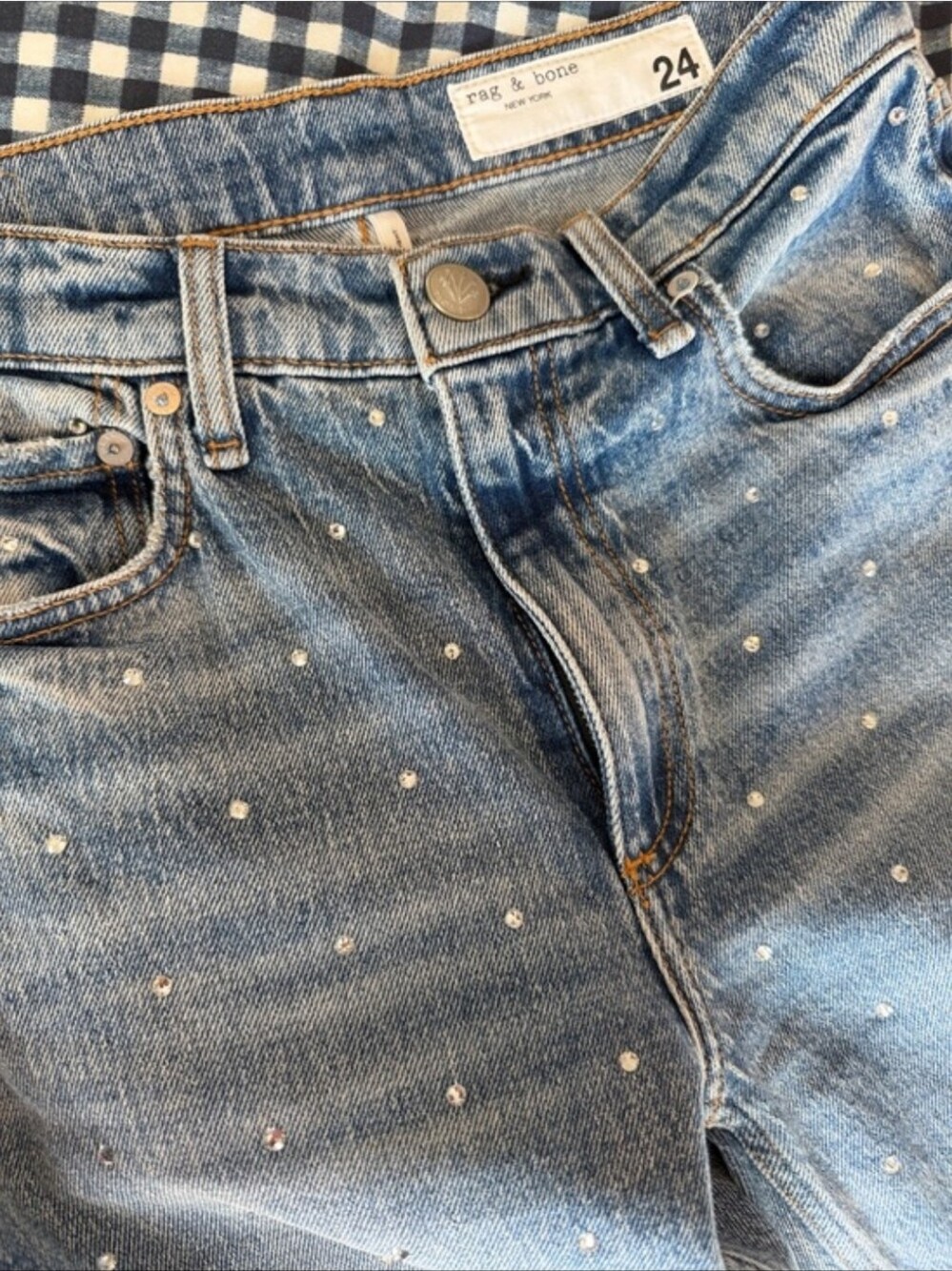 Rag & Bone Harlow Mis-Rise Straight Ankle Jeans with Crystal Studs